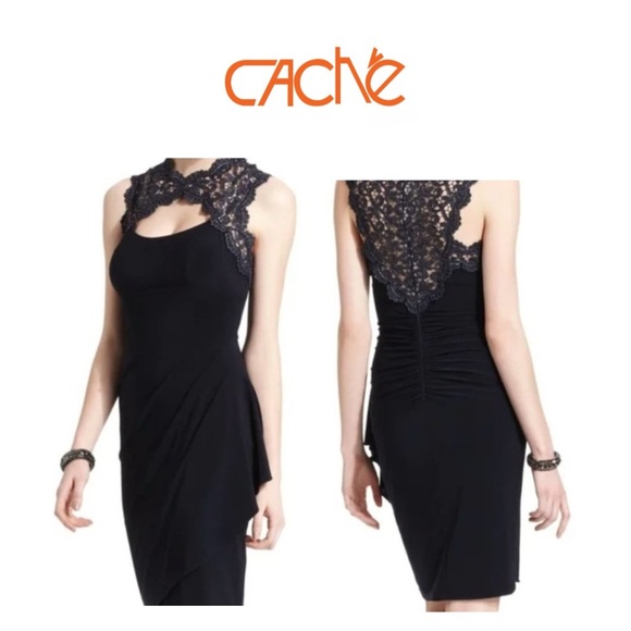 Cache Black Sheath Halter Lace Cocktail Dress 0 - Picture 1 of 15